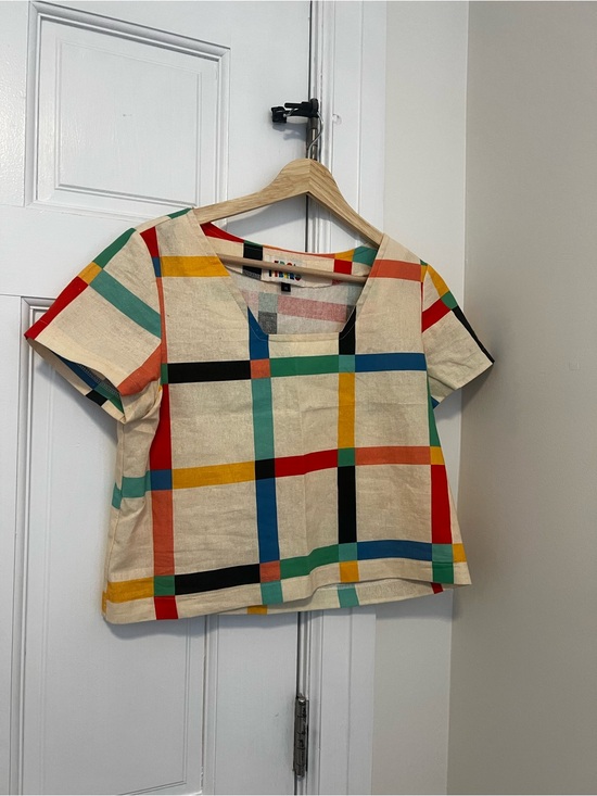 Ersa Fibers Tops - Ersa Fiber Colorful Grid Short Sleeve Linen Top